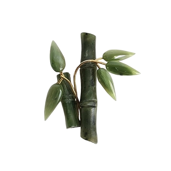 Vintage Faux Jade Bamboo Brooch Lucite Pin Asian Gold Tone 50s 60s Retro Estate - Picture 1 of 5